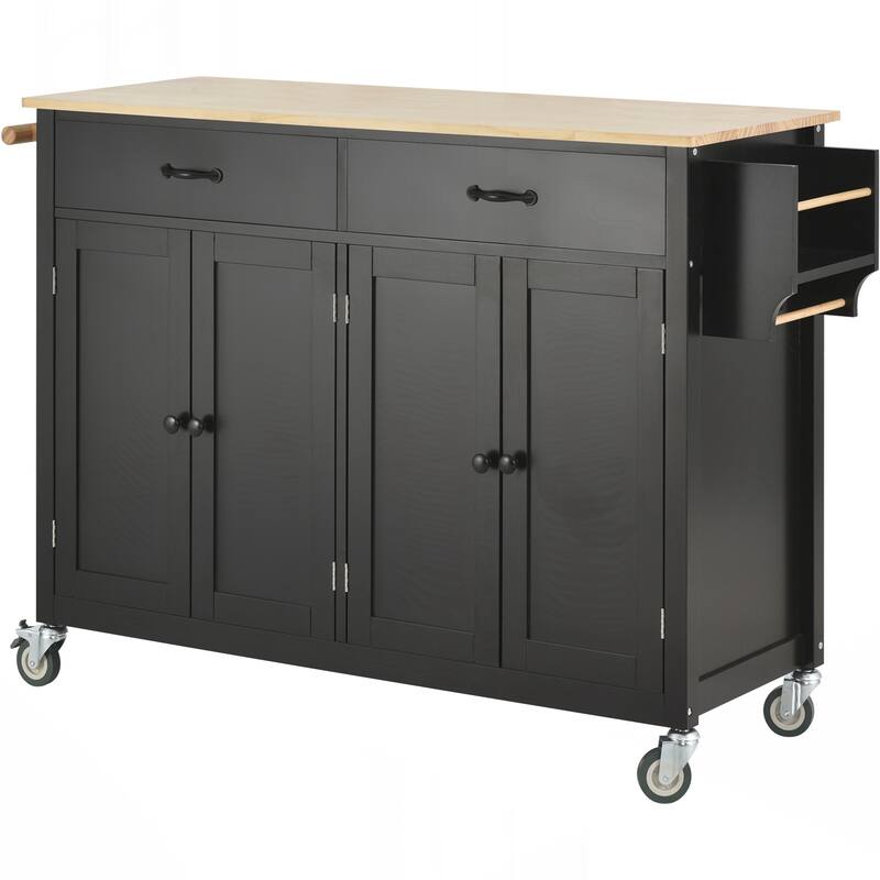 Kitchen Island Cart with Solid Wood Top and Locking Wheels - Black