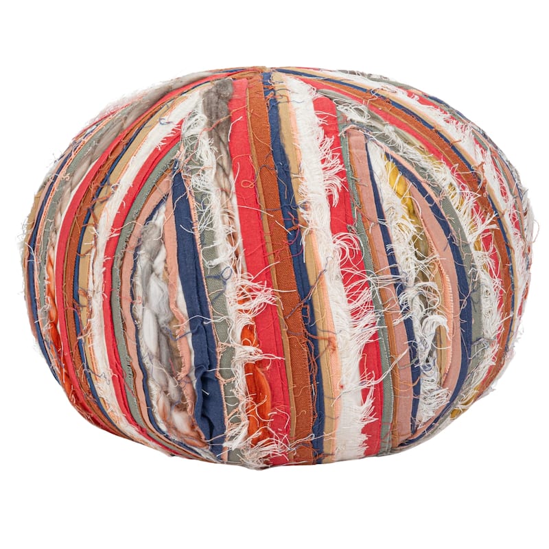 Woven Cotton Blend Orb Pillow with Ripped Fabric Stripes - 10.0"L x 10.0"W x 10.0"H