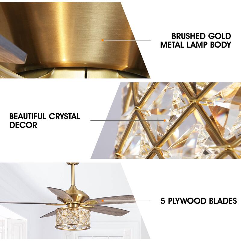 52-in Gold 3-Light Modern Crystal Chandelier Ceiling Fan with Remote