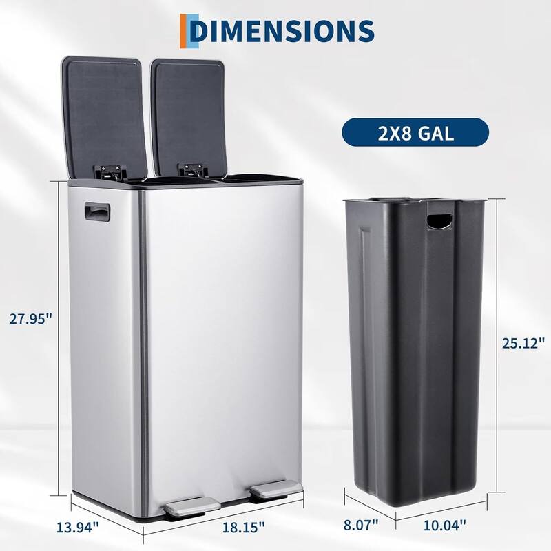 2 x 8 Gallon Dual Compartment Kitchen Trash Can, Garbage Can with Lid