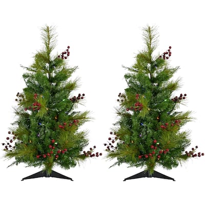 Christmas Time Set of Two 2-Ft. Red Berry Mixed Pine Artificial Trees with Battery-Operated Multi-Colored LED String Lights