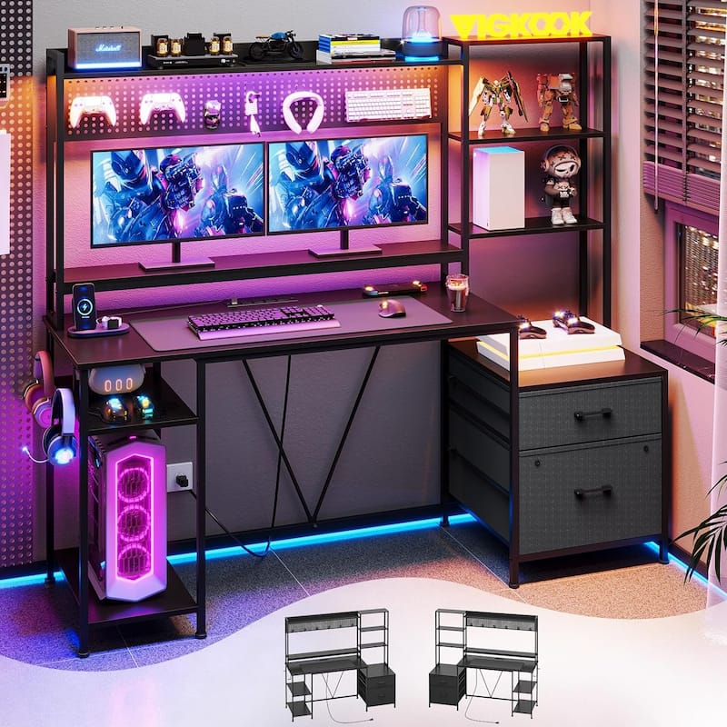 Computer Desk Gaming Desk 2 Drawers Shelves Pegboard 8 Hooks - Black