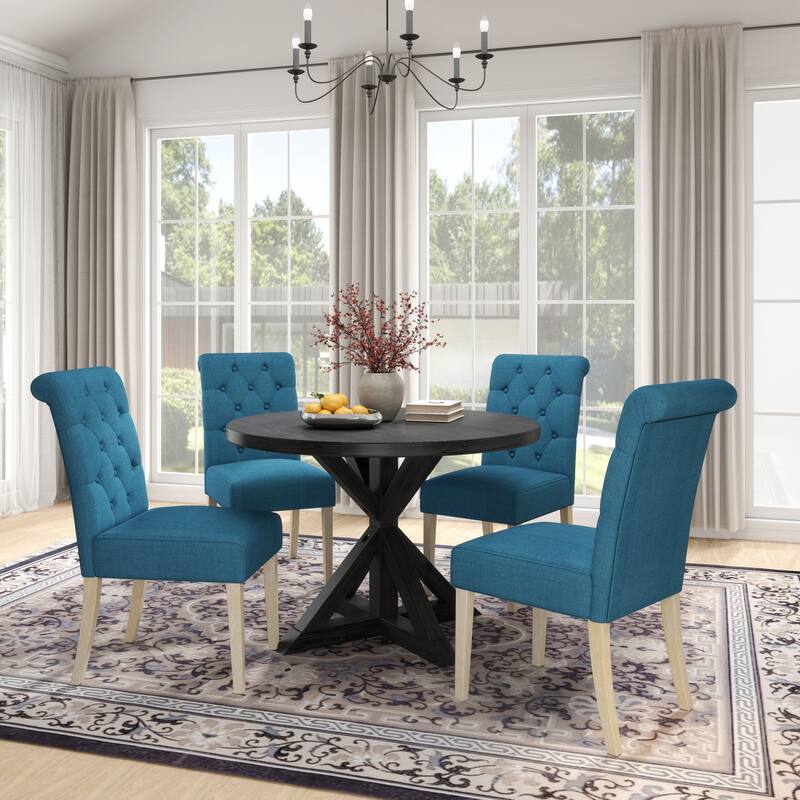 5 Piece Dining Table Set, Wooden Kitchen Furniture Set, Round Table with Cross-Buck Pedestal Base and 4 Tufted Chairs - Black,Blue