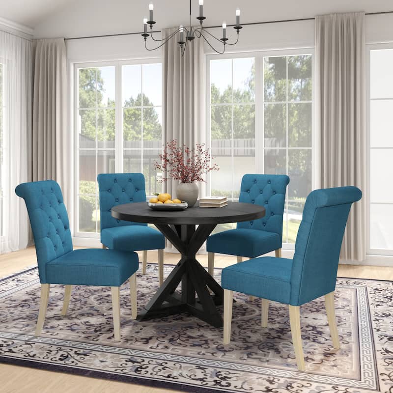 Roundhill Furniture Banff 5-Piece Round Dining Set, Cross-Buck Round Table with 4 Tufted Chairs - Blue