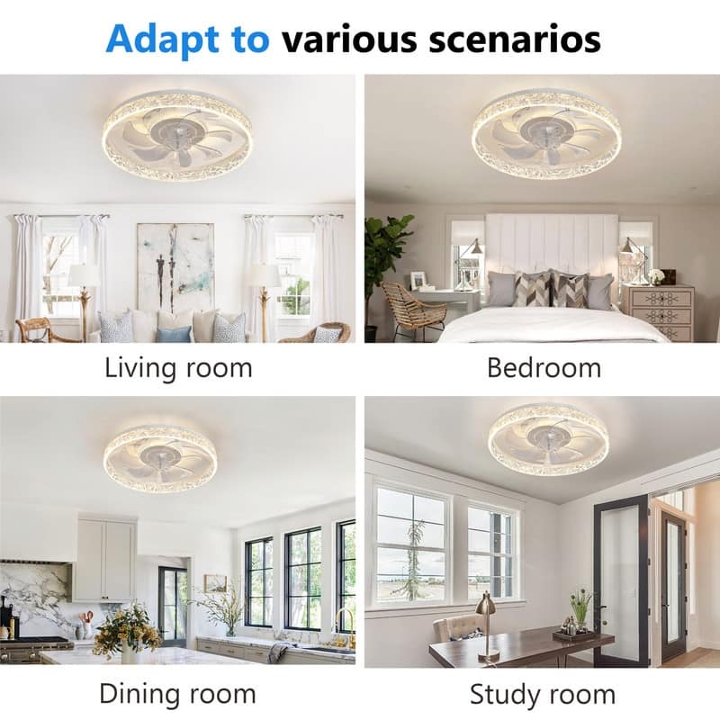 Modern Ceiling Fan Light, Remote, Dimmable LED, 6-Speed, Quiet, Flush Mount