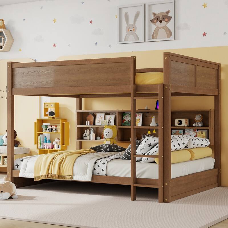 Queen Size Wood Bunk Bed with Built In Bookcase and Charging Station, Queen over Queen Low Bunk Bed Frame, No Box Spring Needed