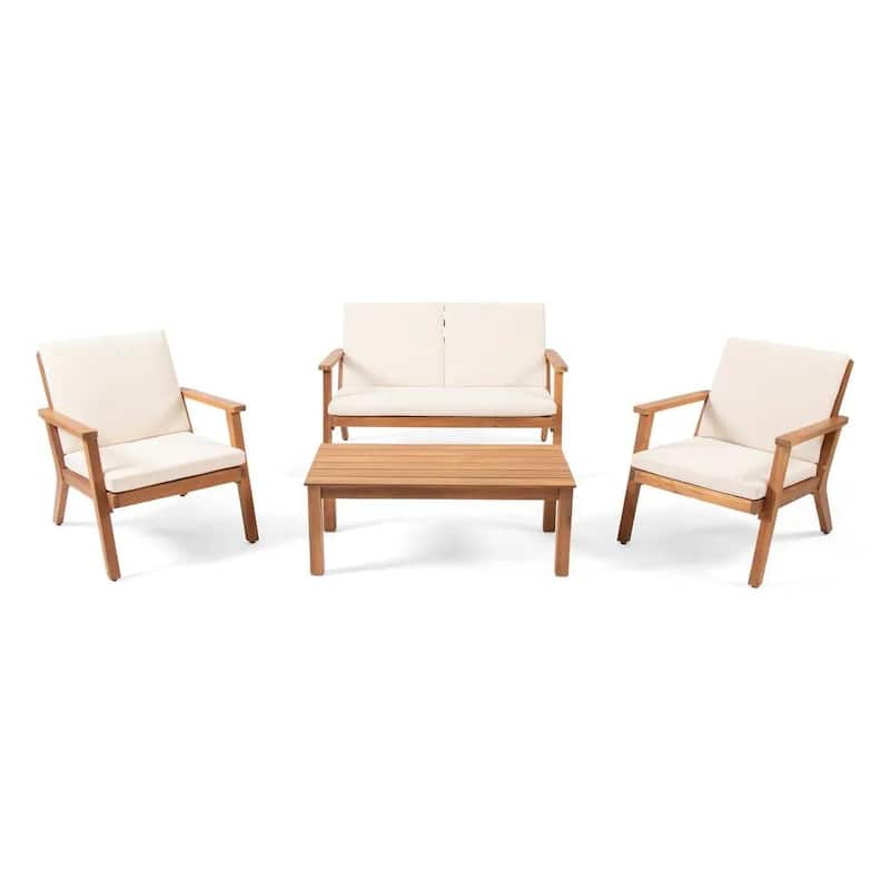 Roomfitters 4 Pcs Outdoor Patio Sofa Set with Loveseat, Club Chairs, Coffee Table, Acacia Wood Frame and Cushions, Grey