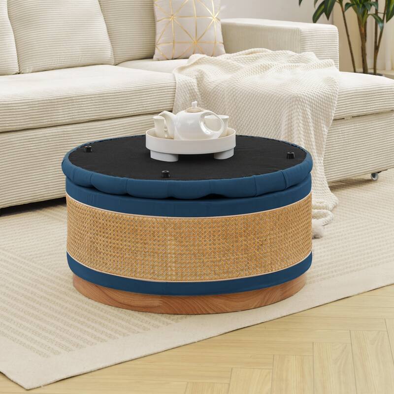 Linen & Rattan Round Storage Ottoman, Button-tufted Upholstery