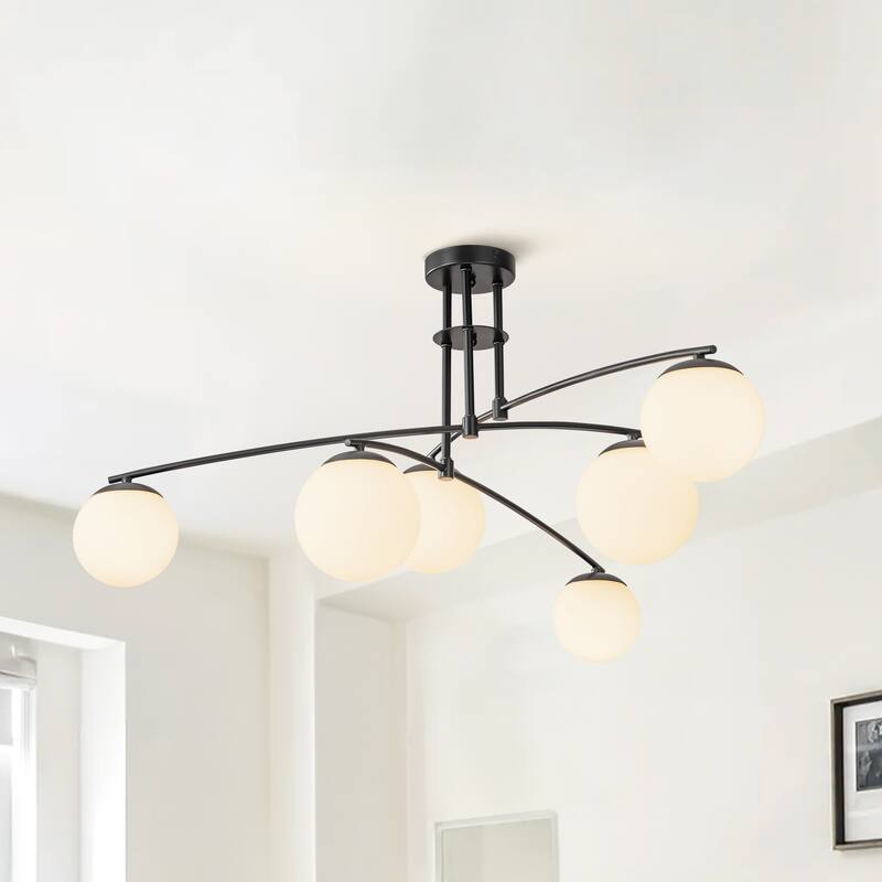 6-Light Modern Sputnik Linear Opal Frosted Glass Globe Bubble Semi-Flush Mount Light