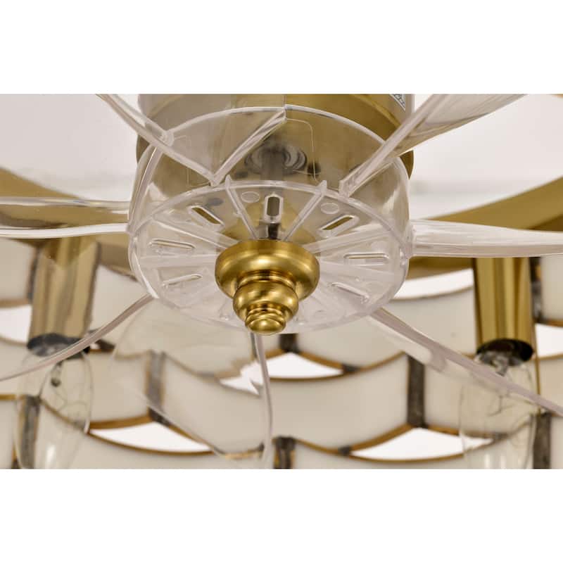 Lighted Ceiling Fan 6-Light Fandelier Brass Trim Opaque Glass Ribbon Weave Shade Remote Control