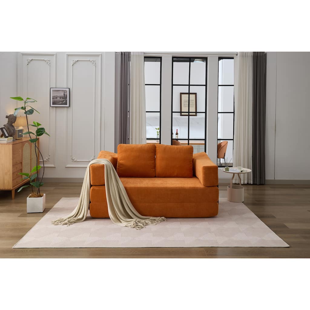 Modern Minimalist Orange Chenille Fold-Out Sofa Bed, Convertible Chair Floor Couch