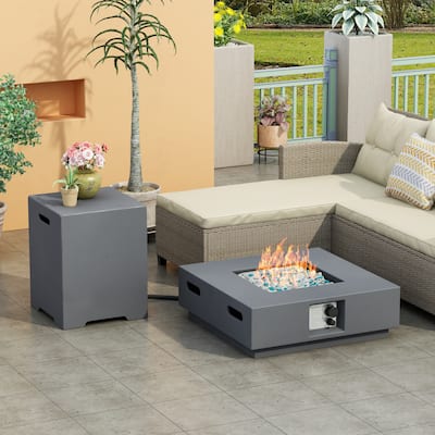 Modern Outdoor Concrete Fire Pit Table with Propane Tank Cover
