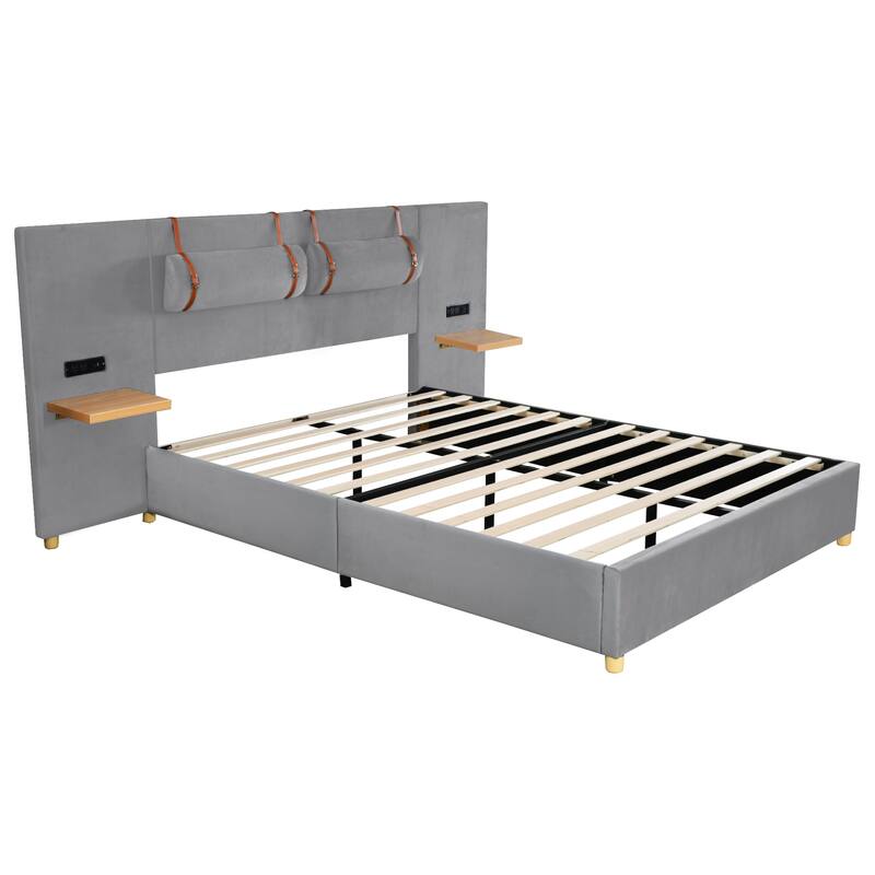 Upholstered Platform Bed with Two Bedside Pillows and USB Charging Ports