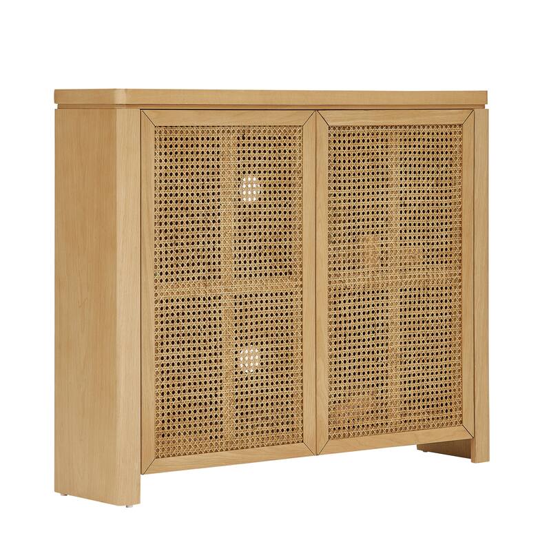 39.4" Retro Rattan Sideboard Buffet Cabinet with 2 Outlet Holes, Mid-Century Modern Coffee Bar Credenza Wood Accent Cabinet