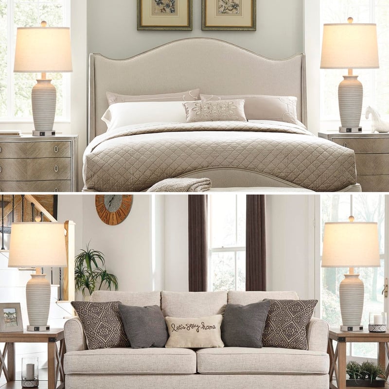 25'' Grey Modern Table Lamp with Dual USB Charging Ports 3000K Dimmable LED(Set of 2) - 12.5‘’ x 12.5'' x 25''