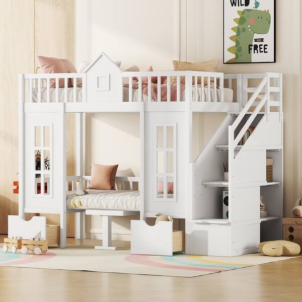 slide 2 of 54, Solid Wood Bunk Bed Frame with 2 Drawers, Storage Stairs and Adjustable Table, Bunk Bed Turn into Upper Bed and Down Desk White - Twin