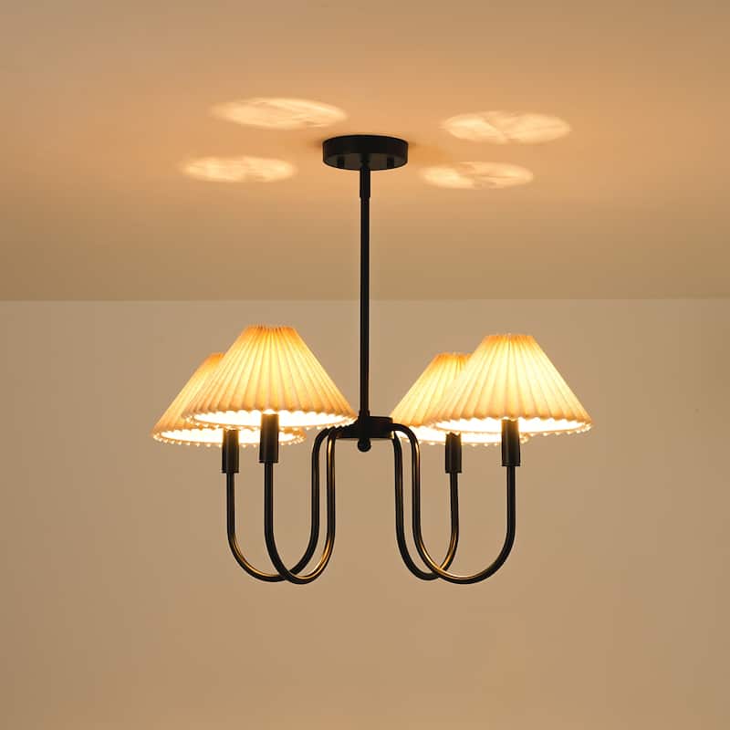 4-Light Mid-Century Modern Chandelier in Brushed Gold/Matte Black Chandelier with Pleated Shades for Living Room
