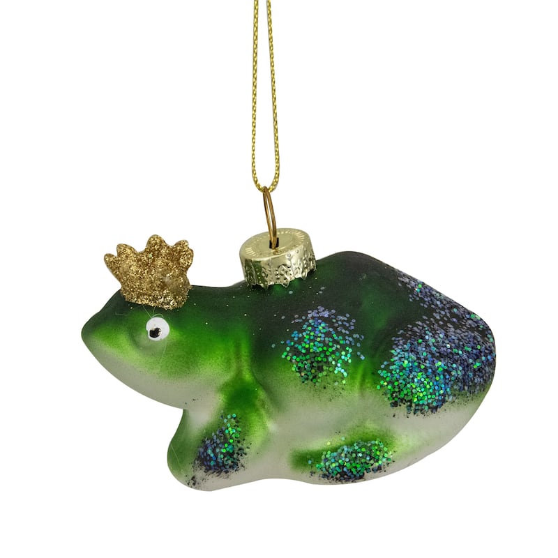 3" Green White Prince Frog in a Gold Crown Glass Christmas Ornament