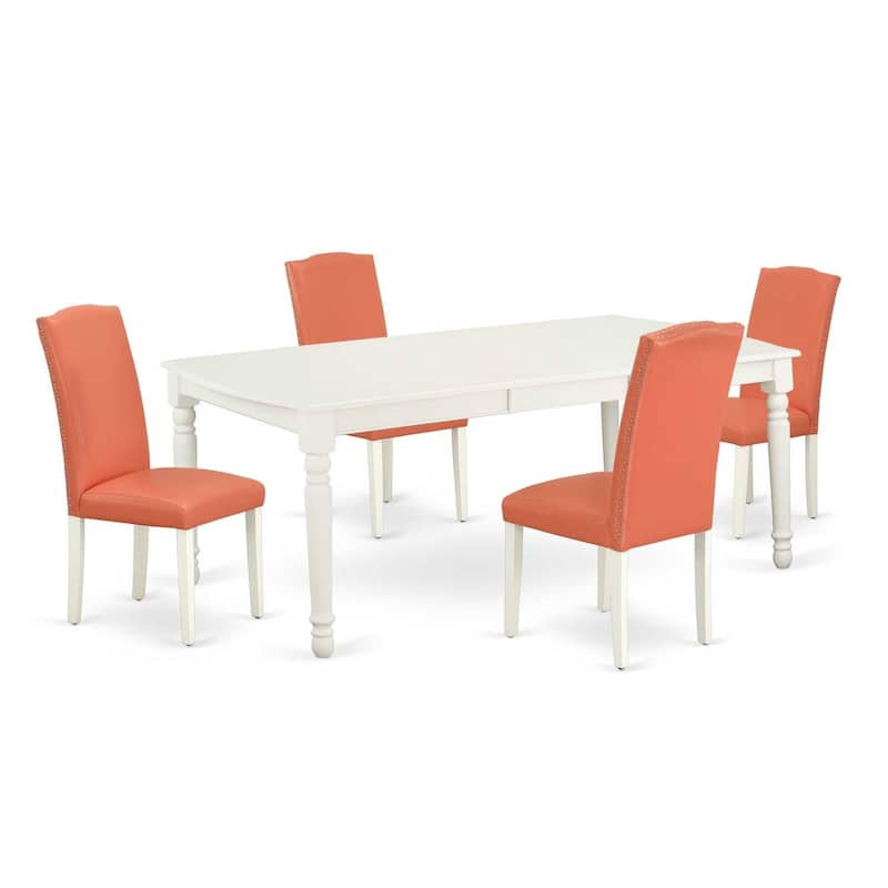 Rectangular Dining Set - 5pc Table & 4 Chairs - Pink Flamingo Linen White Legs - 60x78" Table with Leaf