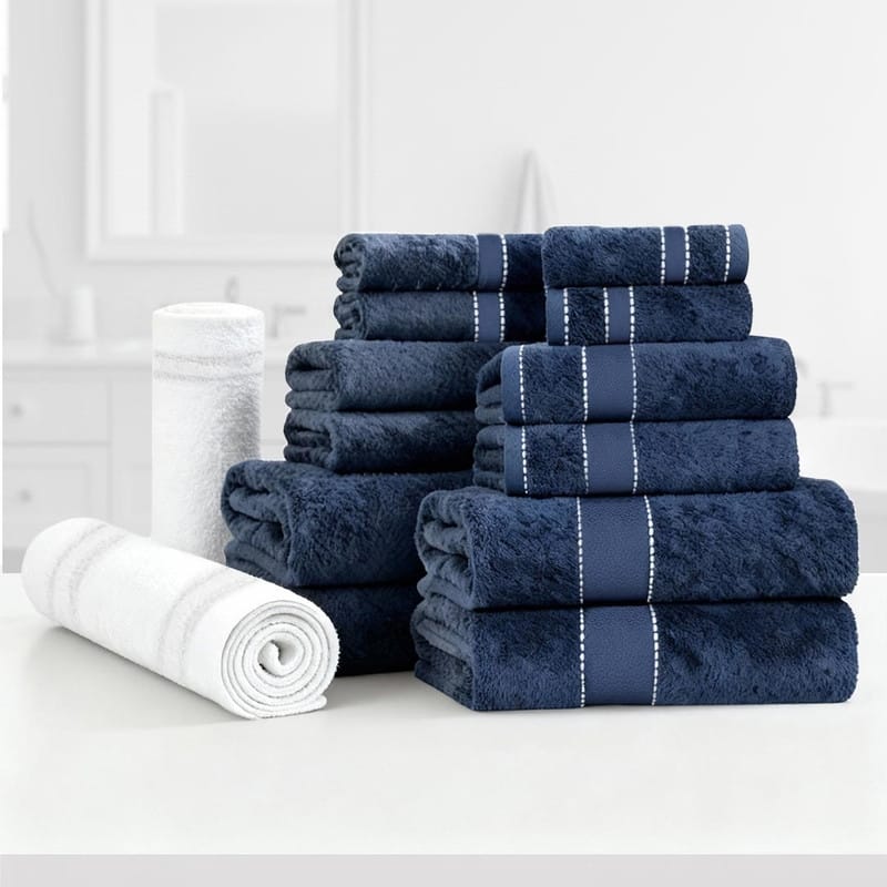 Superior LUX 14 PC Egyptian Giza Cotton Super Plush Bundle - Navy/White