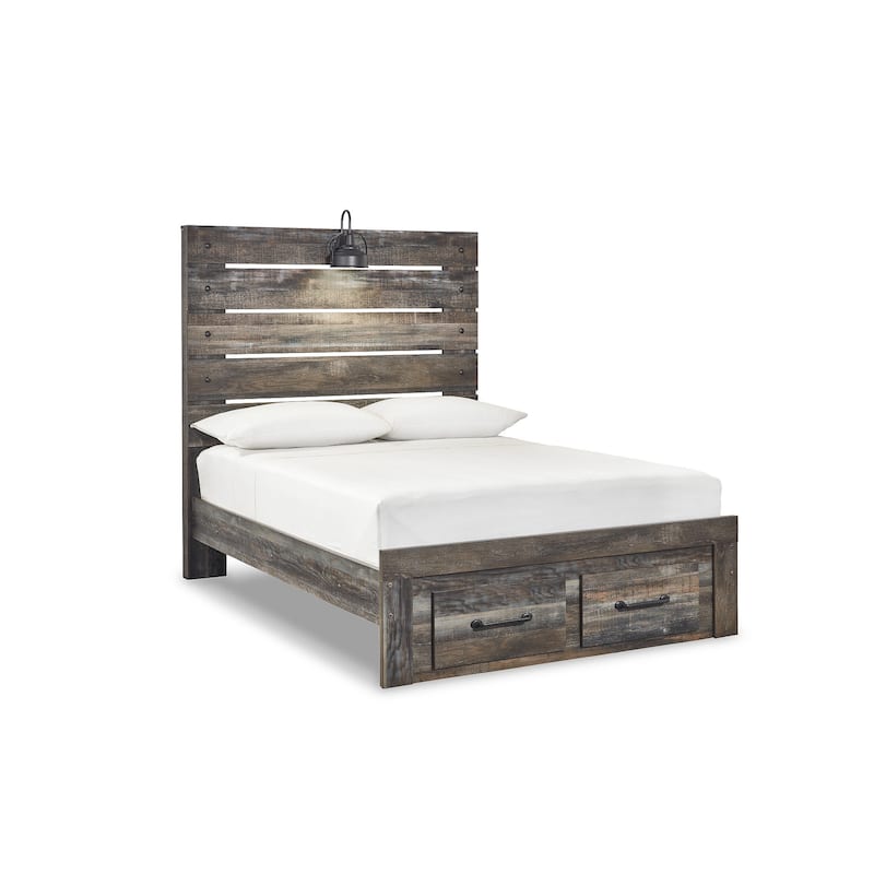 Drystan Rustic Brown Panel Bed with Footboard Storage Drawers