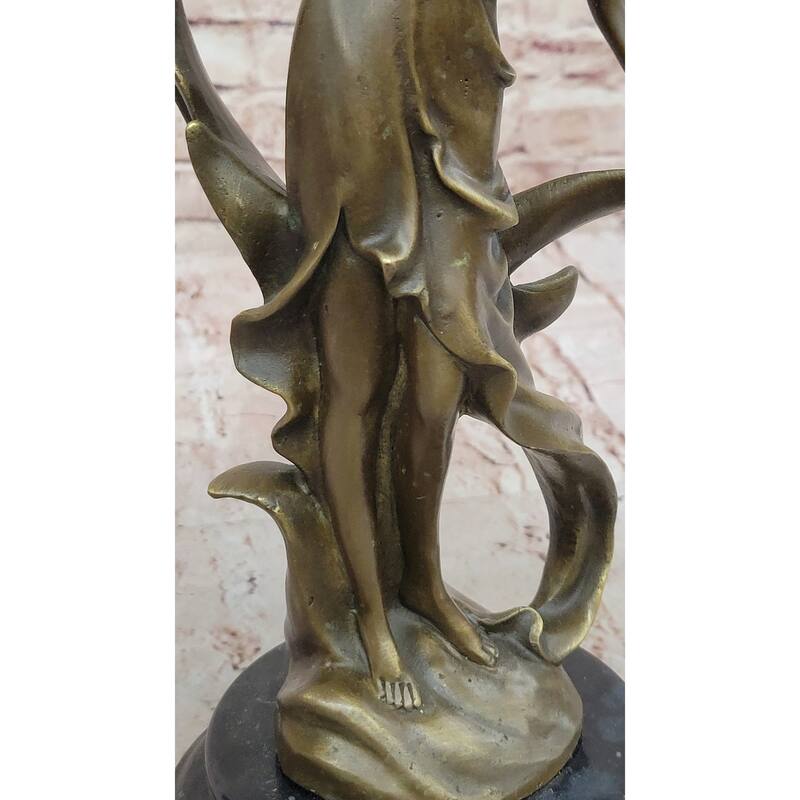 Art Nouveau Bronze Candle Holder Sculpture – Elegant Woman With Flowing Dress On Marble Base