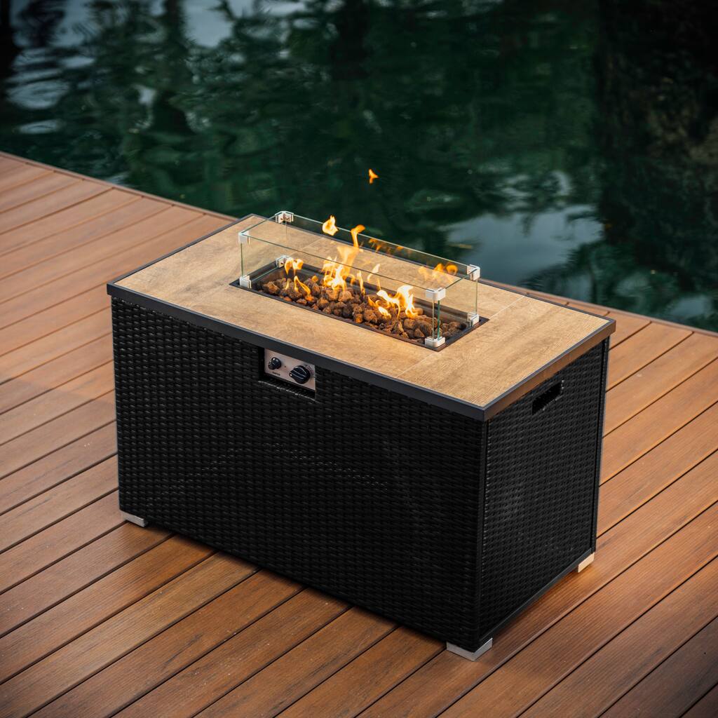Empyrean Outdoor 43" Wicker Fire Pit Table with Glass Shield