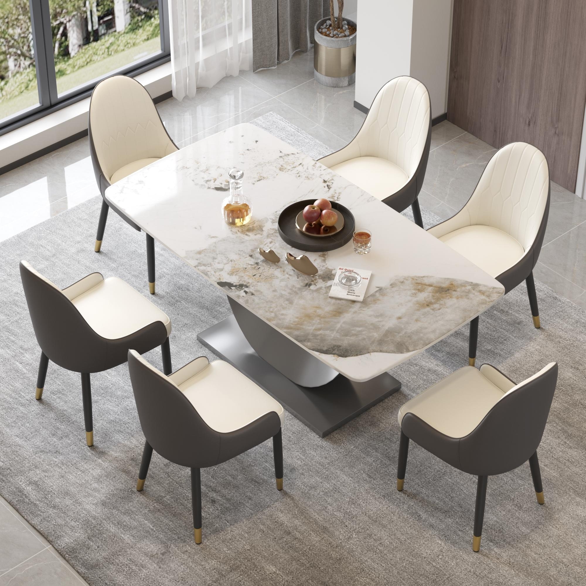 Rectangle Dining Room Table with U-Shape Stainless Steel Pedestal for Kitchen/Living Room