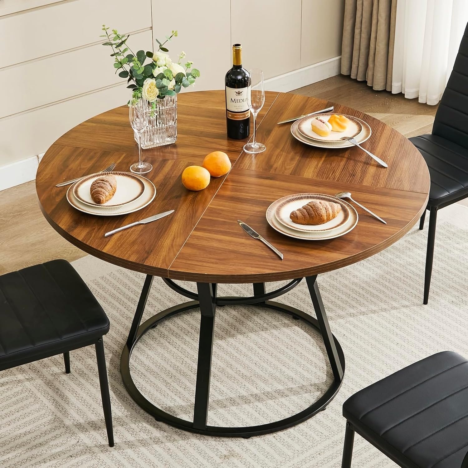 47" Round Dining Table for 4-6, Modern Rustic Kitchen Table with Metal Legs, Brown