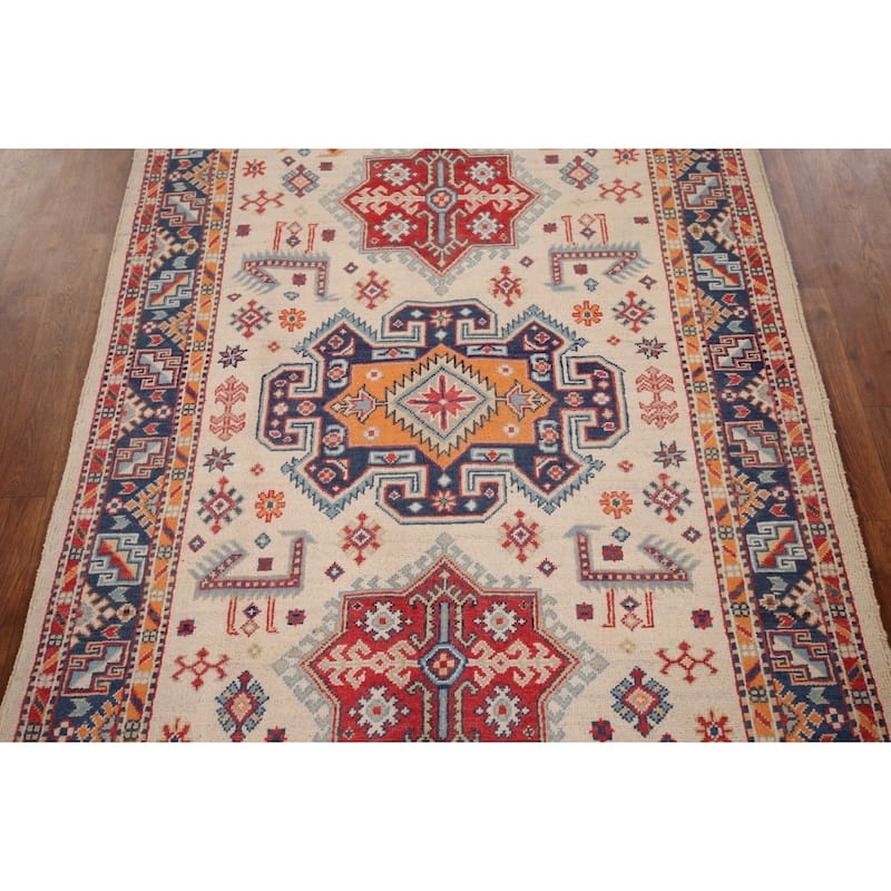 Kazak Area Rug Hand-Knotted Beige Geometric Wool Carpet - 4'0" x 6'1"