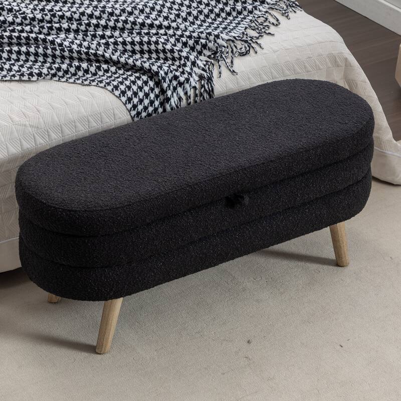 Bedroom Storage Bench, Velvet Oval Upholstered End of Bed Bench with Wood Legs, Modern Storage Ottoman Bench for Entryway - Black