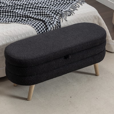 Bedroom Storage Bench, Velvet Oval Upholstered End of Bed Bench with Wood Legs, Modern Storage Ottoman Bench for Entryway