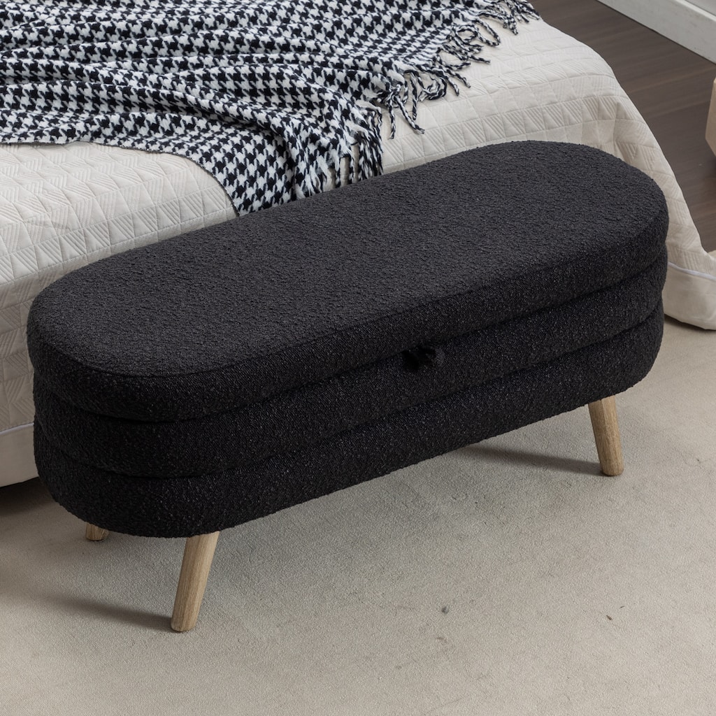 Bedroom Storage Bench, Velvet Oval Upholstered End of Bed Bench with Wood Legs, Modern Storage Ottoman Bench for Entryway