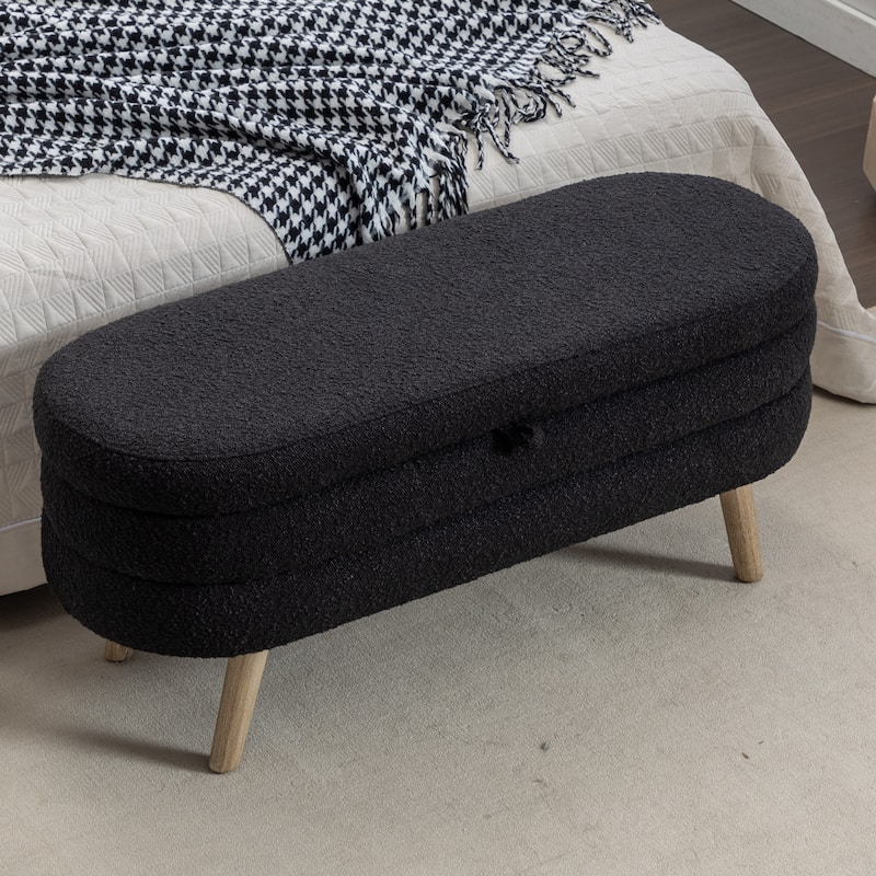 Boucle Fabric 44.8" Storage Bed Bench with Wood Legs, Safety Hinge, Supports up to 300lbs
