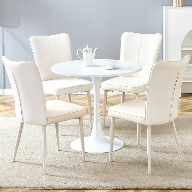 Roomfitters 5pcs Small Round Dining Table Set with Cream Style Chairs and Vertical Line Backrest Design, White