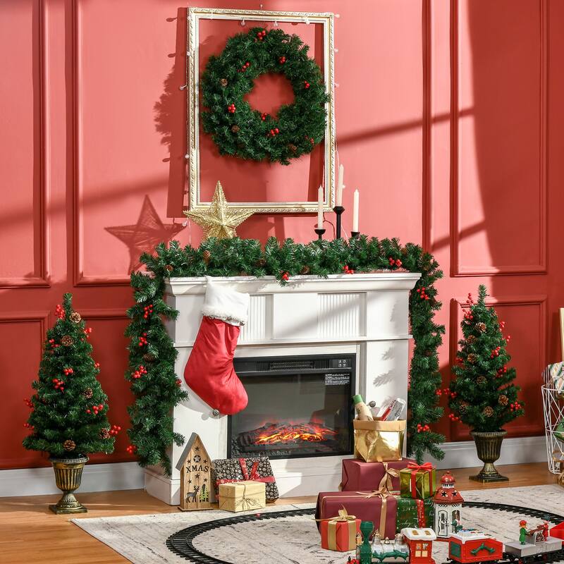 Complete Holiday Set, 2 Entrance Trees, Garland, and Wreath with LED Lights, Berries and Pine Cones for Home Holiday Decor - Green