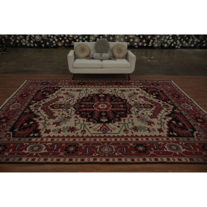 Hand Knotted Oriental 100% Wool Carpet Traditional Geometric Beige & Ivories Sumak Area Rug - 12' 1'' X 9' 1''