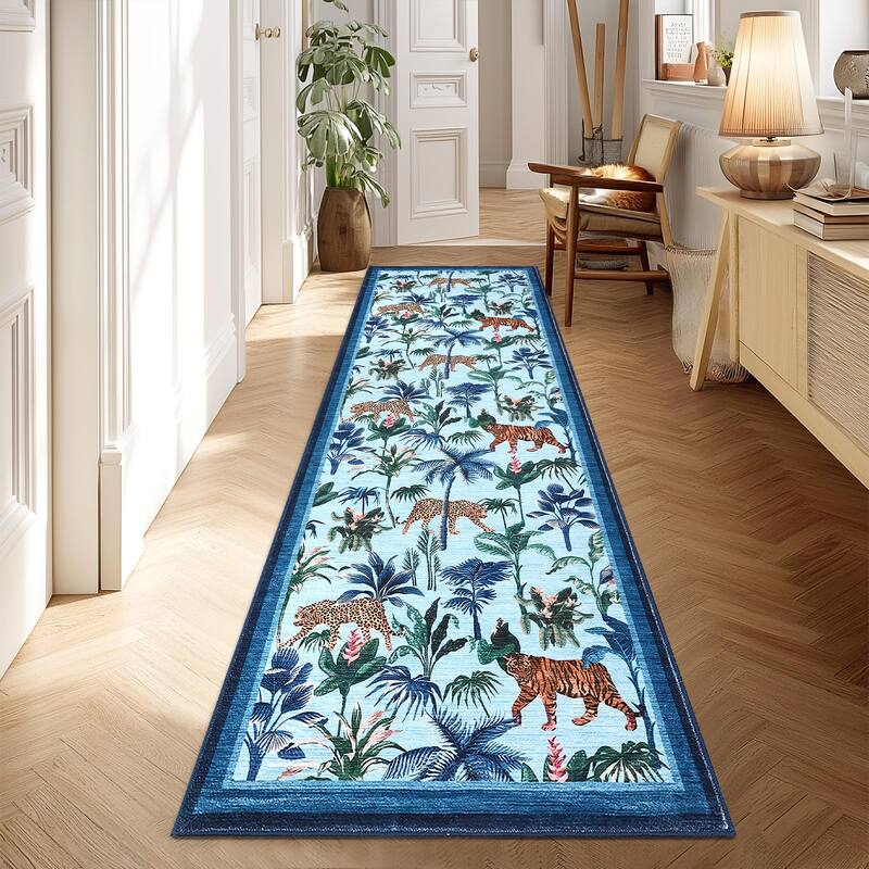 Living Room Rug Jungle Tiger Area Rug Plant Rugs Low Pile Non Shedding Soft Accent Carpet for Bedroom, Dining Room - 2'x6' - Blue