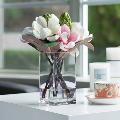 Enova Home Artificial Real Touch Magnolia Flowers Arrangement in Rectangular Glass Vase with Faux Water for Home Decór