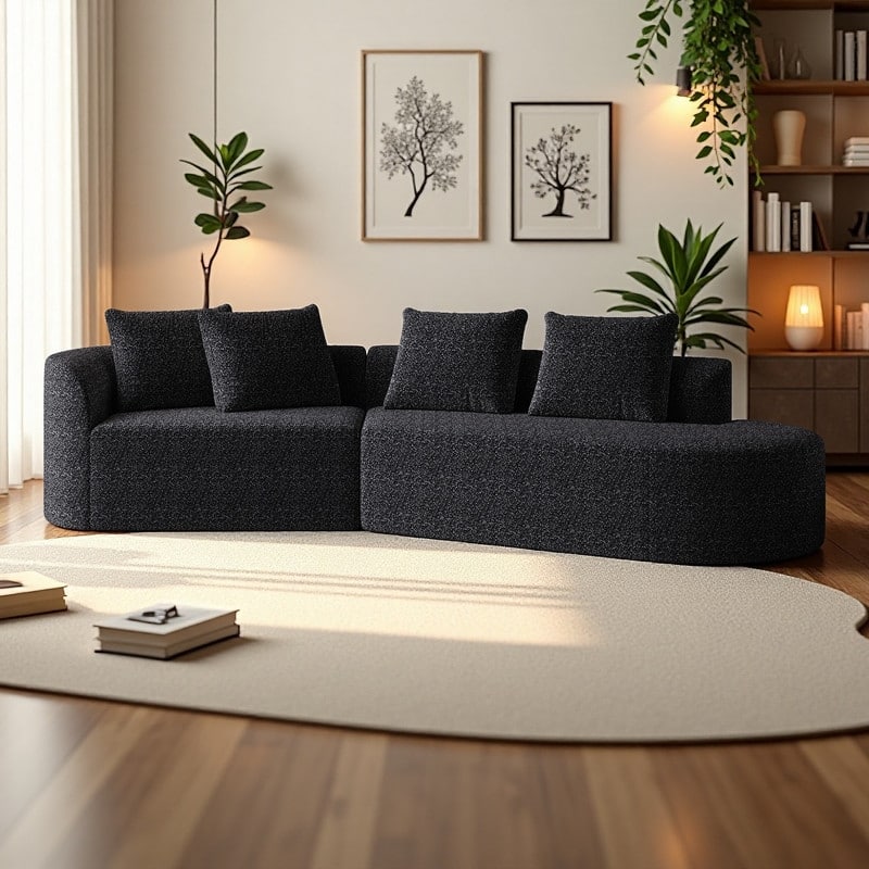 112" Chenille Curved Sectional Sofa with 4 Throw Pillows, Extra Deep Seating and No Assembly Required