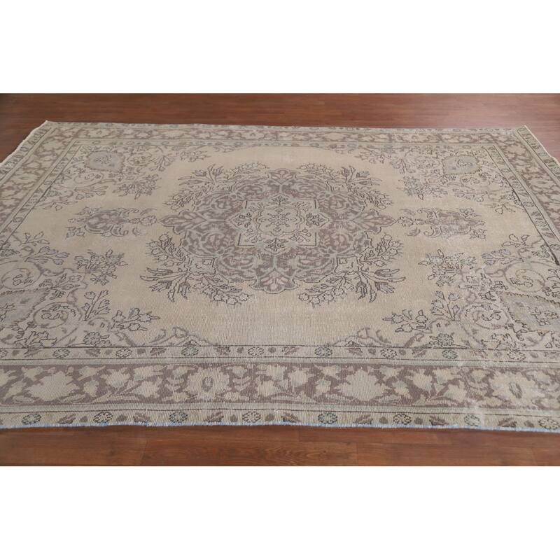 Hand Knotted Oriental 100% Wool Carpet Traditional Floral Beige & Ivories Tabriz Area Rug - 9' 2'' X 6' 9''