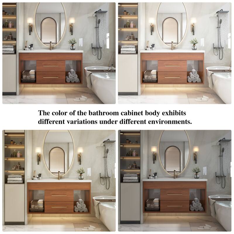 35.4" Mid-century Modern Single Bathroom Vanity with Integrated Ceramic Undermount Sink - White/Walnut