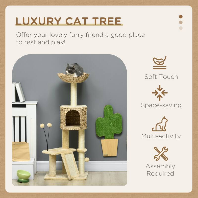 45" Cat Tree for Indoor Cats, Cat Tree Tower with Scratching Posts, Ramp, Condo, Toy Balls, Platforms, Bed, Ramp - Beige