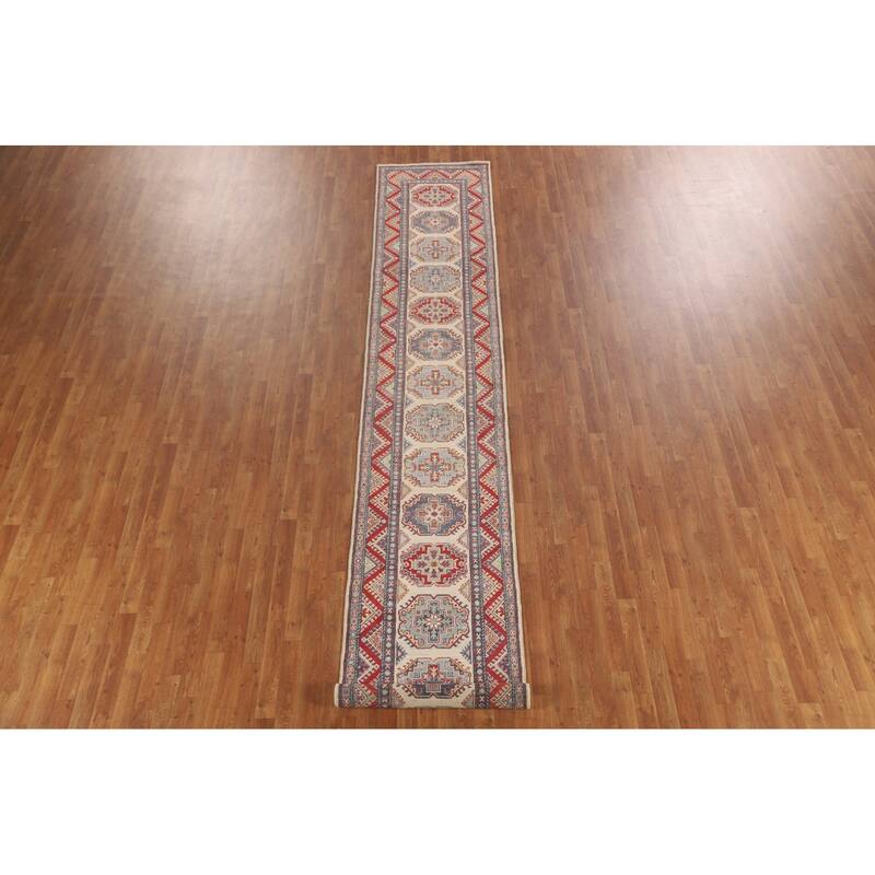 Geometric Kazak Runner Rug Handmade Beige Wool Carpet - 2'7" x 15'6"