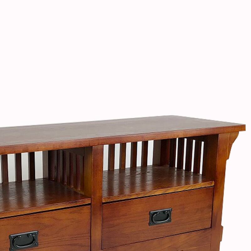 Wooden TV Stand with 2 Open Shelves and Slatted Back, Oak Brown