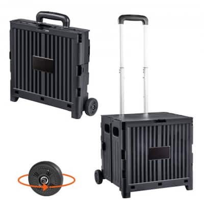 Black Plastic Foldable and Portable Rolling Utility Cart with Heavy Duty Telescoping Handle Suitable for All Type of Terrain