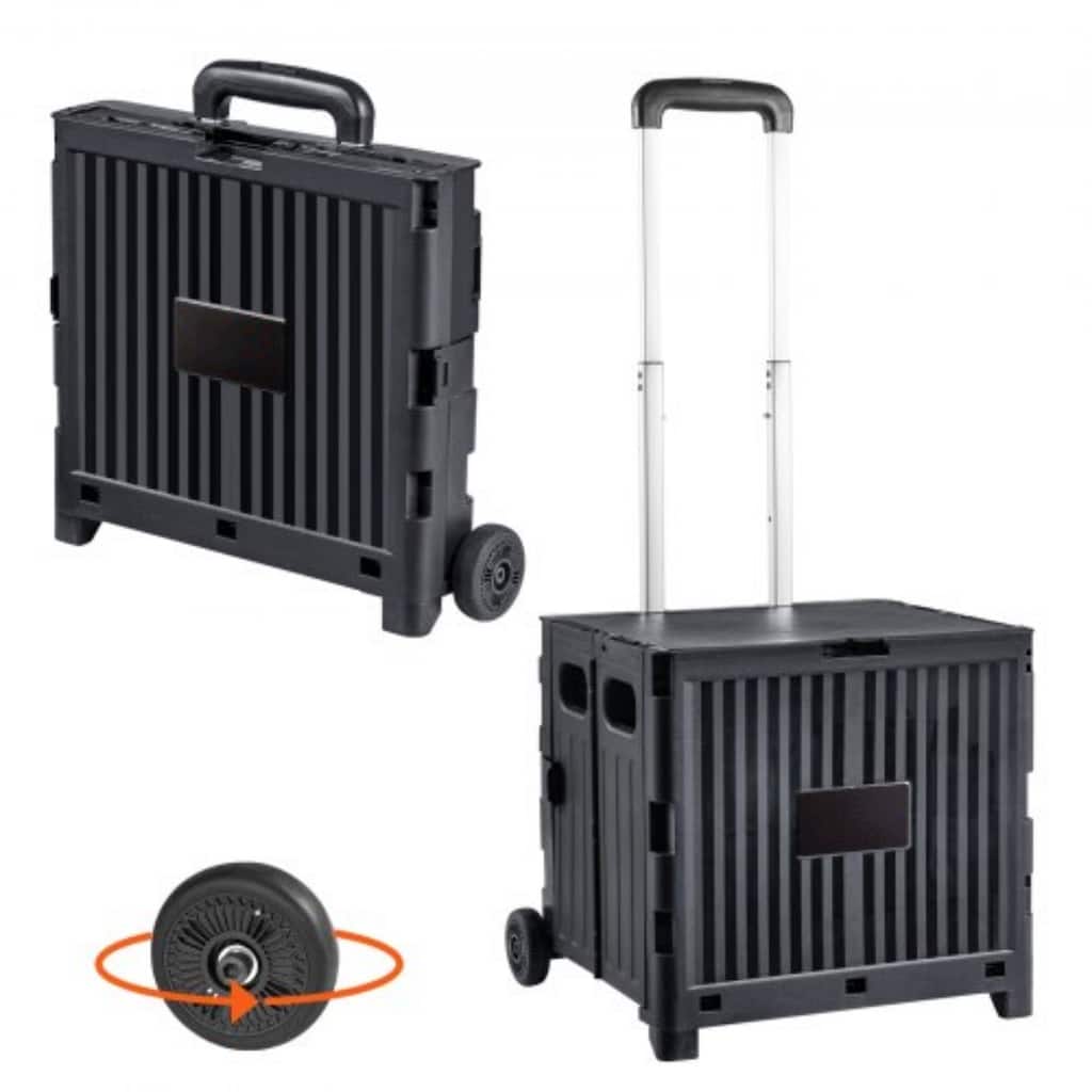 Black Plastic Foldable and Portable Rolling Utility Cart with Heavy Duty Telescoping Handle Suitable for All Type of Terrain