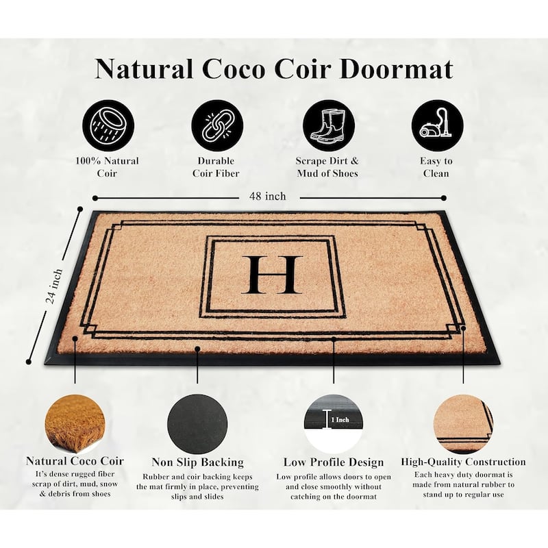 A1HC Natural Coir and Rubber Monogrammed Front Porch Entry Doormat 24"X48" Black/Beige