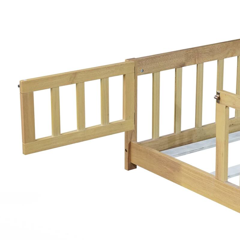Full Size Floor Bed with Fence and Door,Rubber Wood Floor Bed with Safety Guardrails