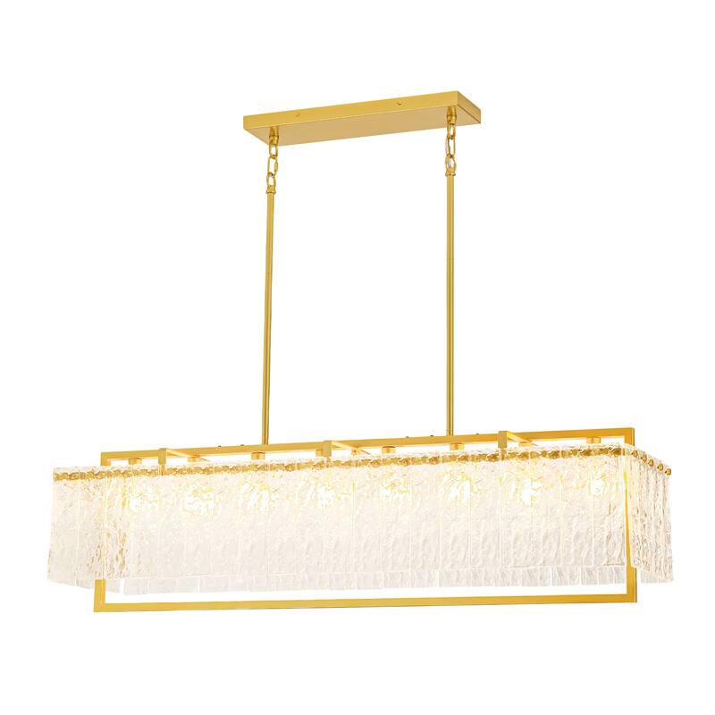 8-Light Gold Rectangular Chandelier with Water-Ripple Glass for Dining Room - 41.7 in. W x 11 in. D x 11.8 in. H
